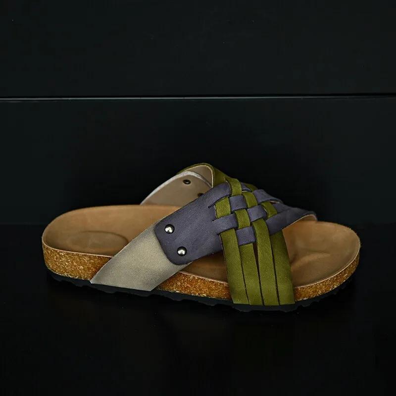 Vintage Woven Colorblock Open Toe Slippers Outside Platform Round Toe Open Toe Rivet Versatile Beach Slippers