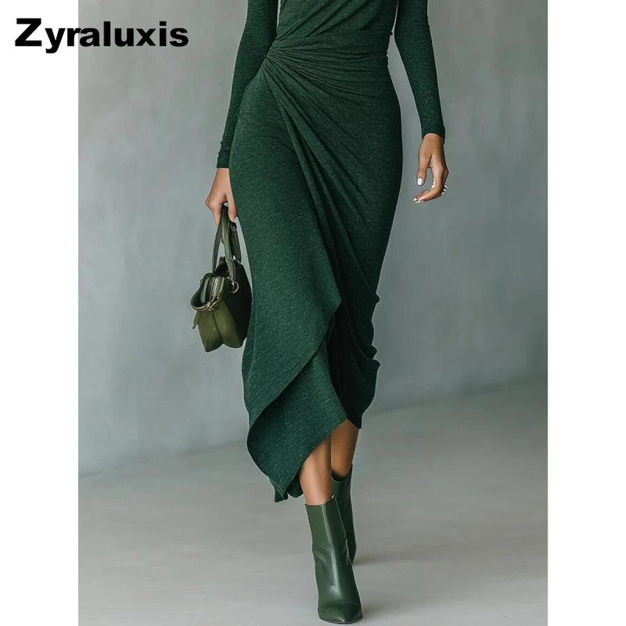 New Style Autumn Winter Elegant High Neck Ruched Bodycon Dress for Women