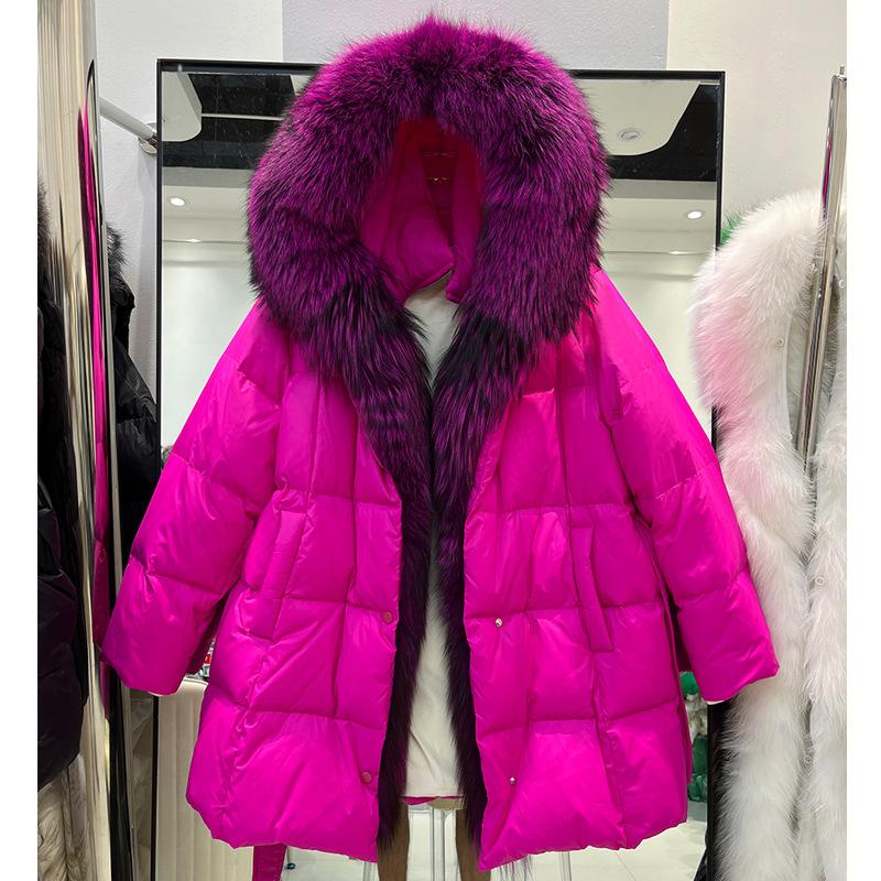 European winter new fur fox fur collar down jacket women's medium and long lace-up waist thickened coat