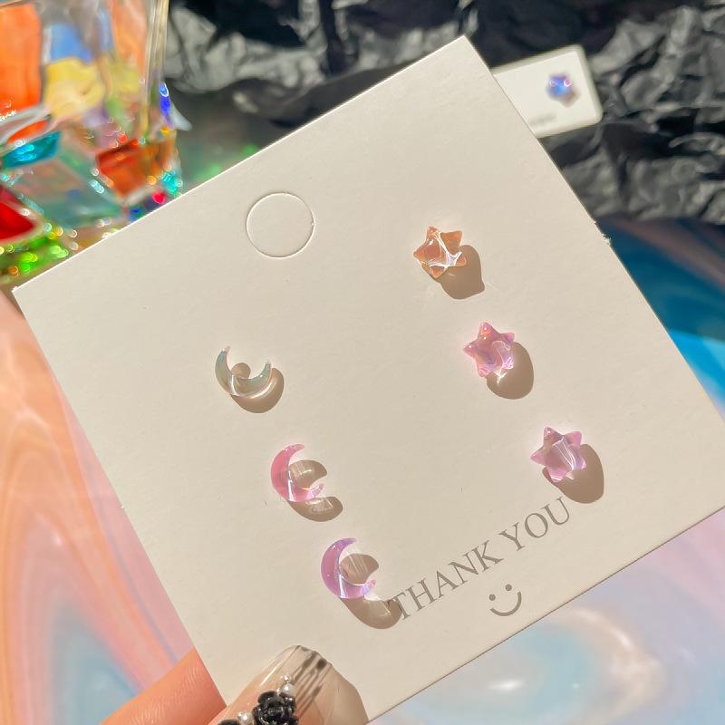 Dreamy Seven-Color Star & Moon Stud Earrings: Dainty, Sparkly Set for Fairy Girls