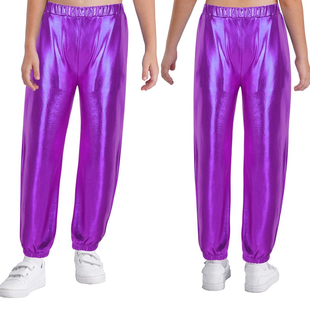 Girls Metallic Shiny High Rise Elastic Waist Dance Pants Side Pockets Hip Hop Streetwear Sweatpants for Stage