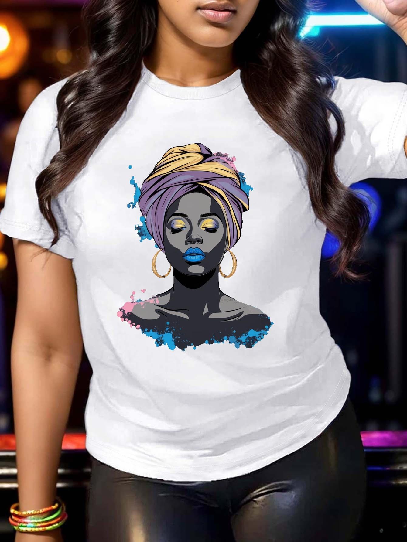 

WomenS TShirt with Headscarf Graphic NonSeeThrough Fabric for Everyday Summer Short Sleeved Harajuku Streetwear Tops Tees 4XL