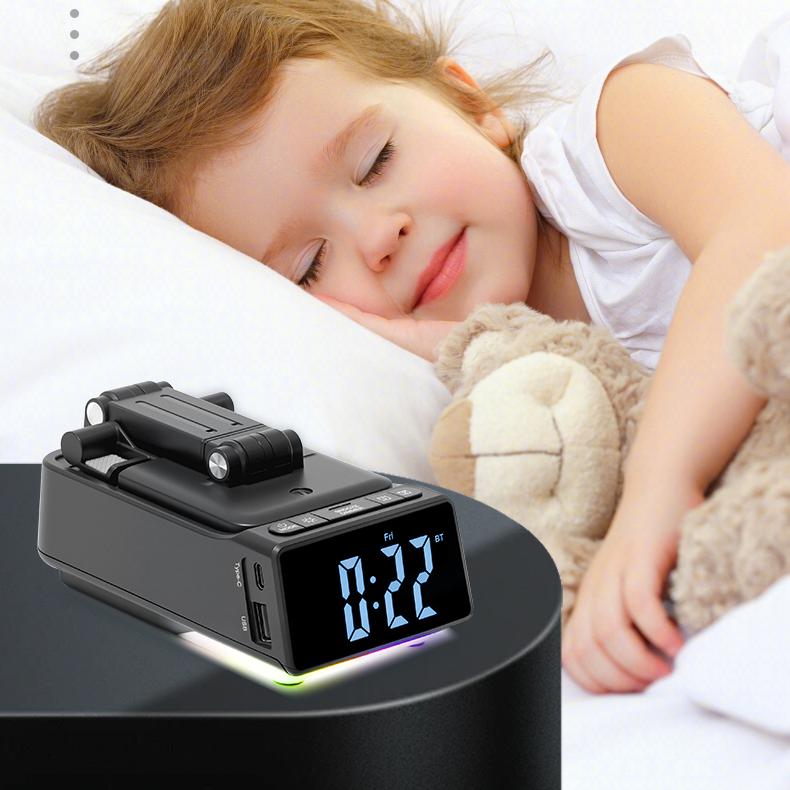 7-in-1 Cell Phone Stand Adjustable Foldable Wireless Bluetooth Speaker & Alarm Clock Tabletop USB drive player Colorful night light