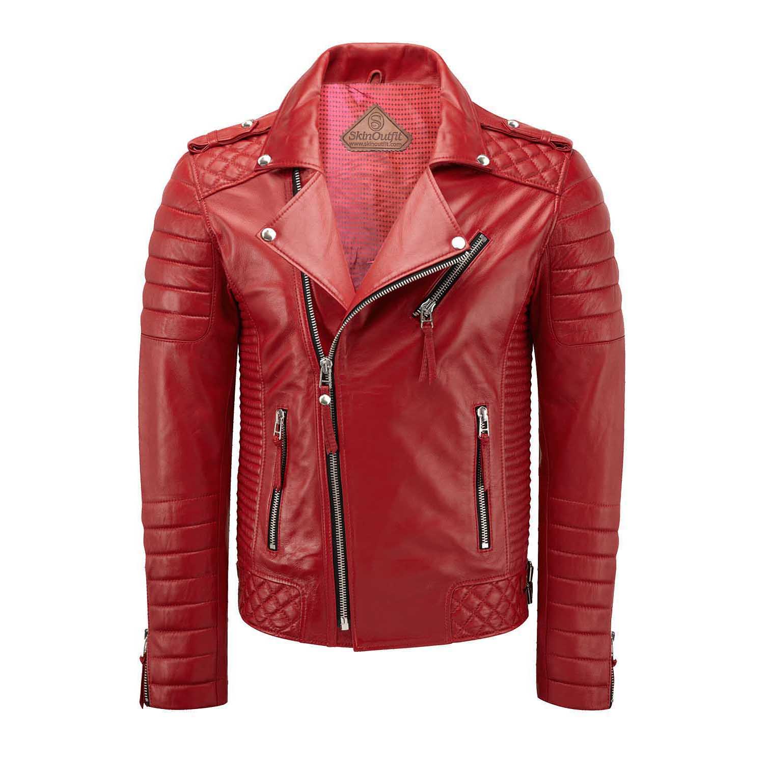 

SKINOUTFIT Men s Motorcycle Leather Jacket Genuine Red Lambskin Café Racer Biker Outerwear M червоний