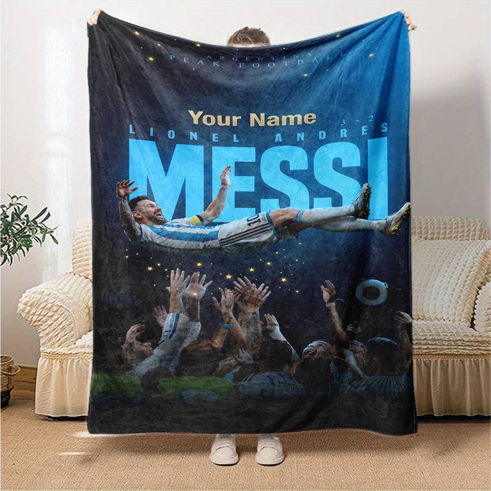 Football Messi Personalized Name Blanket Throw Customizable Blanket Comfortable Great for Picnics Couch Office Chair Sofa All-Season Use