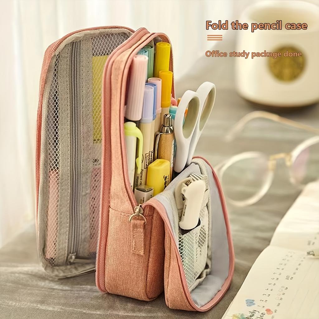 Dual-Layer Portable Pencil Case with Standing Phone Holder Durable Oxford Fabric, Ideal for Middle & High School Students, Pencil Pouch