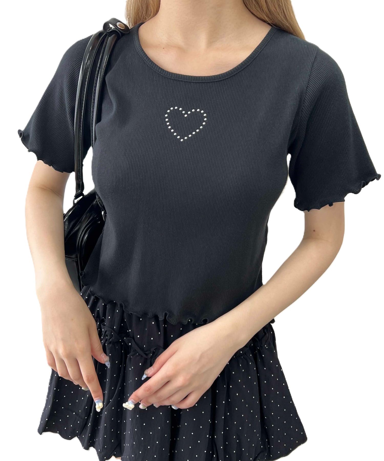 

WEGO PHILLY Топ летний меланжевый в рубчик с шипами, размер F, женский, милый, девчачий, одежда, черный, чёрный