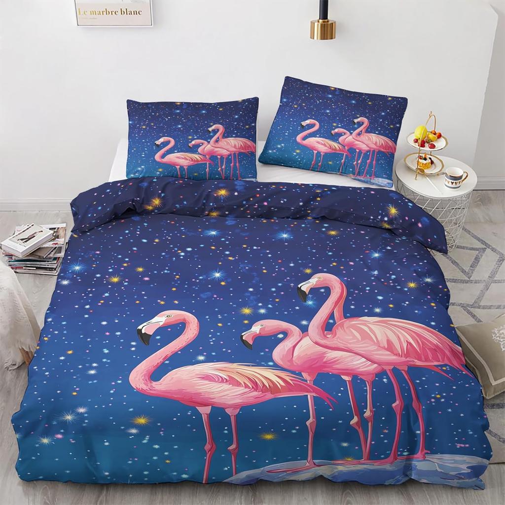 Flamingo Deko Bedding set, Flamingo Duvet Cover set 2pcs with 1 Pillowcase 75x50cm, Soft Microfiber Winter Bedding with Zipper