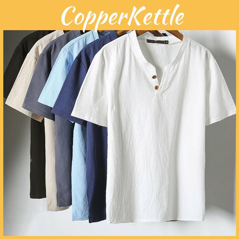 Premium Quality Men Brief T-shirt Summer V-neck Cotton Linen Blouse Top Tee Shirt Plus Size