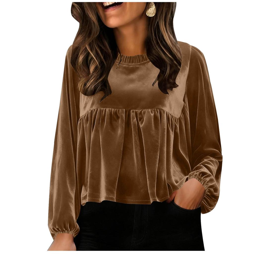 Women Loose Crewneck Babydoll  Long Sleeve Elegant Sleeve Velvet Blouse