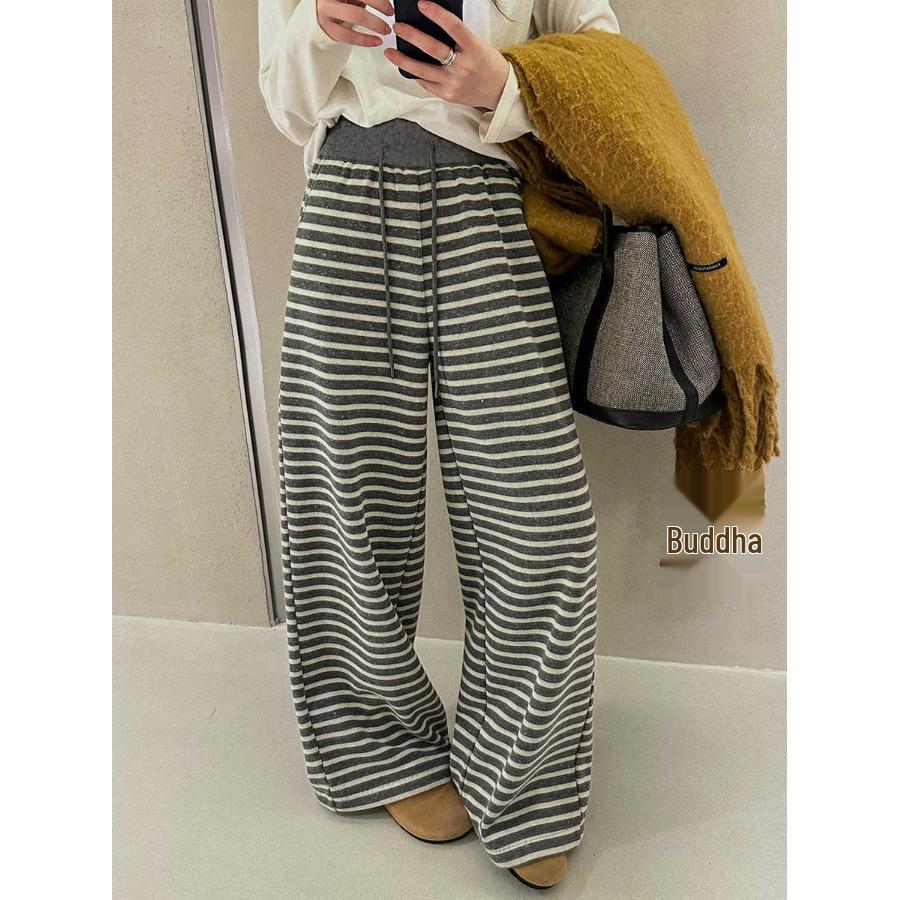 2025 Spring European Style Striped Wide-Leg Plus Size Women's Casual Floor-Length Pants