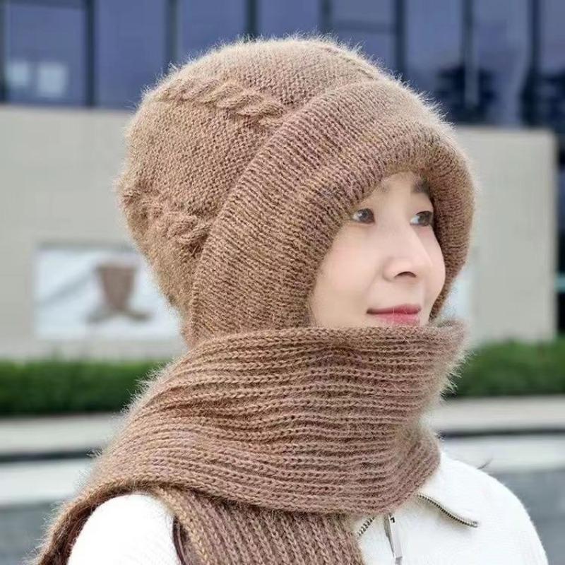 Hat Autumn and Winter Women's Cold-proof Hat, Scarf Integrated Middle-aged Mother Hat, Warm Hat, Ear Protection, Wind and Cold Wind and Snow Hat