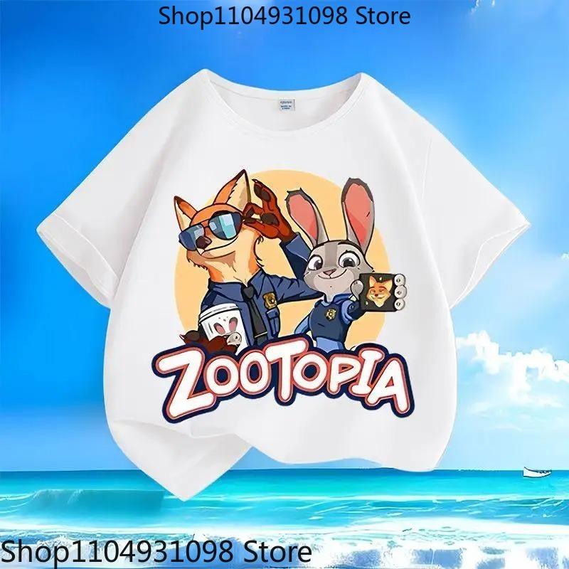 Pure Polyester Kids Short Sleeve Tee 2026 New, Zootopia Judy Nicky Cartoon Print Round Neck Casual Tops For Small Medium Children