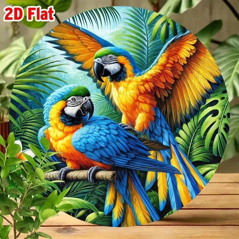 Vintage Metal Wall Art Colorful Parrots Tropical Leaves Aluminum Plaque Home Decor Indoor Outdoor Gift