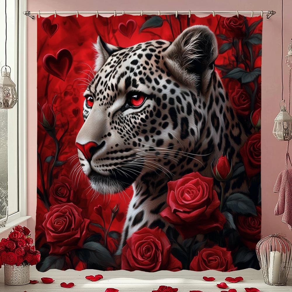 Red Rose Flowers Leopard Pattern Shower Curtain, Bathroom Decorative Shower Curtain, Waterproof Shower Curtain With Hooks