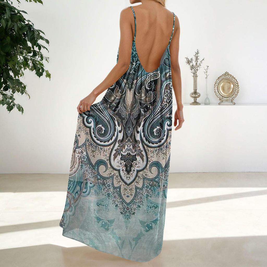 Damenmode Rückenfreies Spaghettiträger Lässiges Lockeres Vintage-Print-Kleid