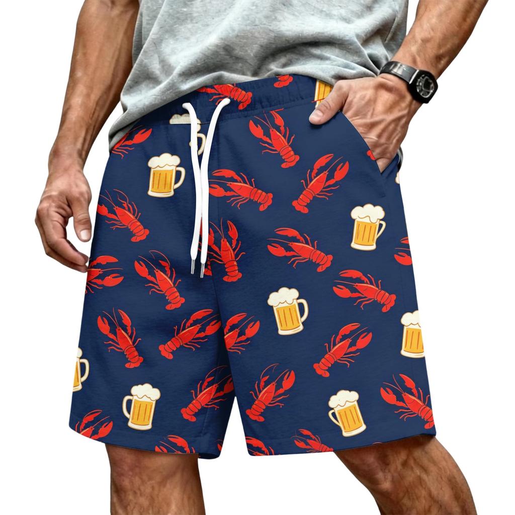 Men's Hawaiian Print Mesh Shorts with Drawstring Elastic Waist for Summer Beach and Casual Wear