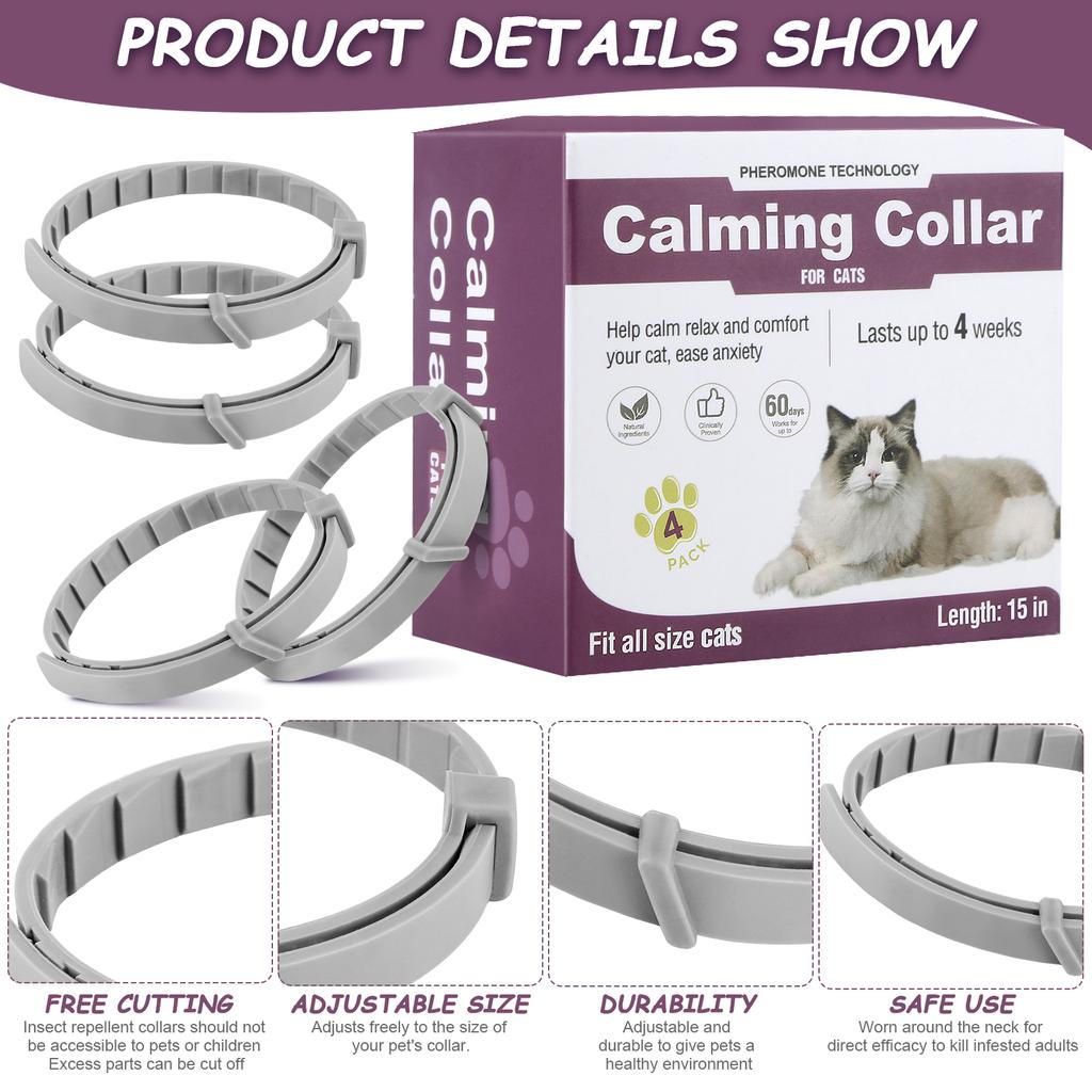 4Pcs Cat Calming Collar Relieve Anxiety Dog Pheromone Collar Waterproof Adjustable Pet Collars Lasting Natural Calm Relax Collar 3