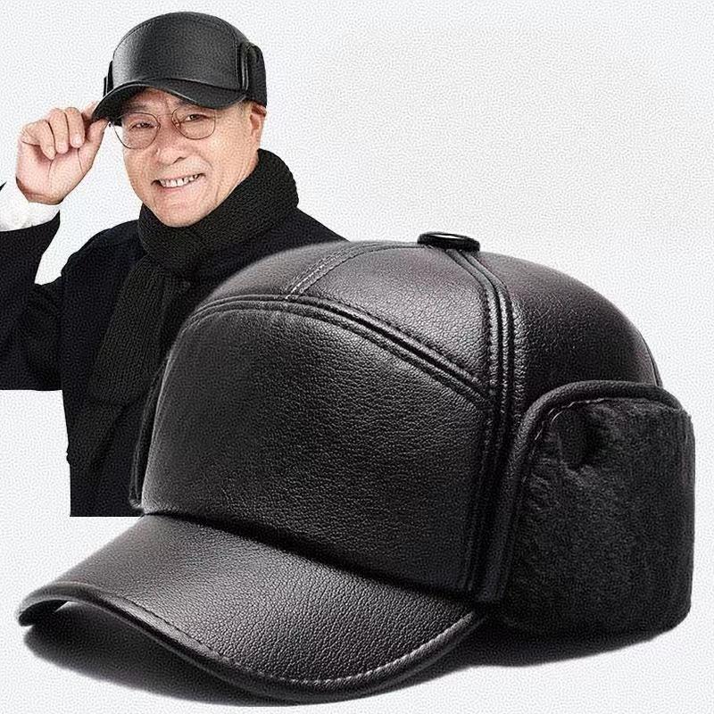In the Elderly Hat Men Winter Warm Dad Old Man Leather Hat Fleece Thickened Windproof Old Man Ear Protection Cap