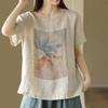 Retro Cotton and Linen Printed Short-sleeved Literary T-shirt In Summer Loose and Slim Casual and Versatile Pullover Top