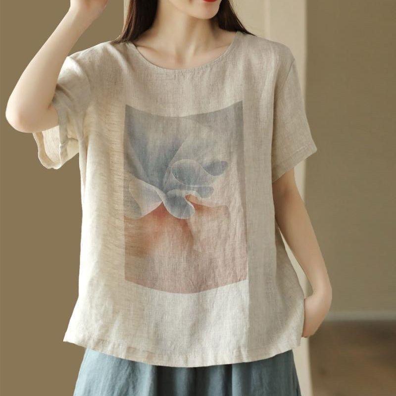 Retro Cotton and Linen Printed Short-sleeved Literary T-shirt In Summer Loose and Slim Casual and Versatile Pullover Top