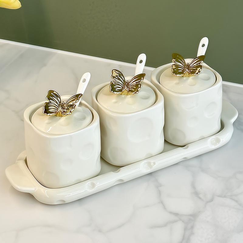 

Ceramic Seasoning Jar Butterfly Cover Salt Shaker Oil Bottle Vinegar Pot Spice Container Chili Jar Seasoning Bottle Spice Jars