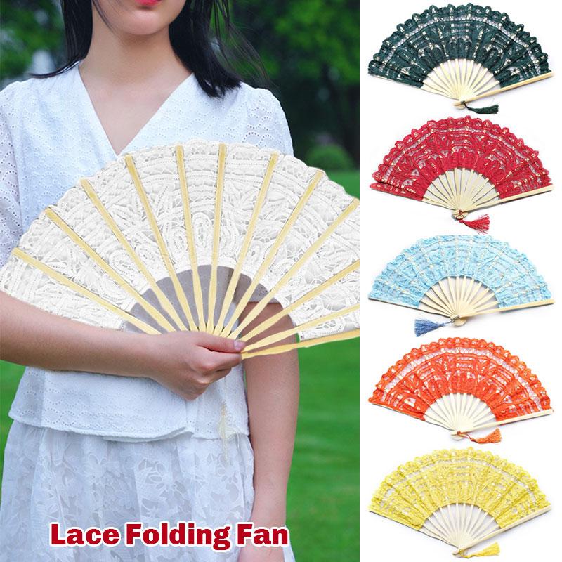 Retro Lace Fan Dance Women Performance Photography Photo Props 27cm Court Vintage Bamboo Folding Hand Fan Chinese Dance Fan