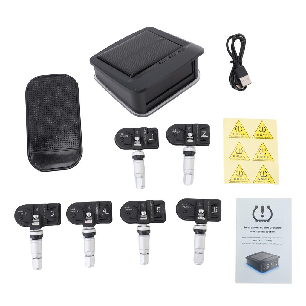 Tire Pressure Monitoring System, Solar Tire Pressure Monitor with 6 Internal Sensors, Ambient Light, Real time Display
