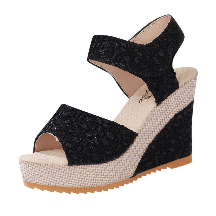Velcro platform muffin shoes, breathable lace hollow heel sandals women's summer wedge heel sandals
