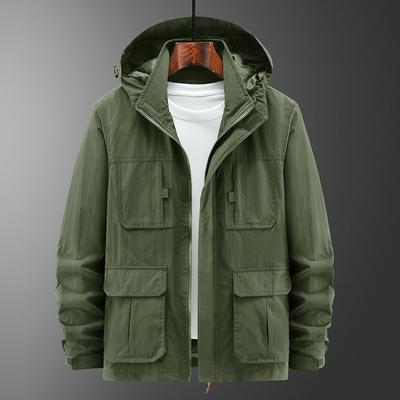 Spring and Autumn Men's Jacket Casual Stand-up Collar Loose Jacket Multiple Pockets Detachable Hood Outdoor Jacket