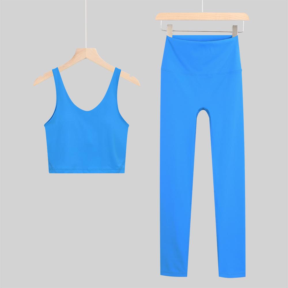 Lulu U-Back Sports Tank & 9-Point Yoga Pants Set with Bare-Feel Push-Up Bra for Women's Fitness