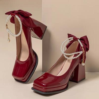 Escarpins pour femmes Nouveaux Nœud Perle Plateforme Chaussures Mary Jane Tendance Femme Talon Carré Talons Hauts Chaussures Luxe Élégant Chaussures de Mariage Mariée