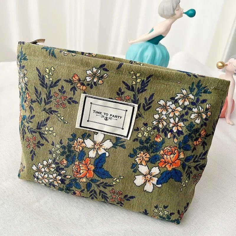 Corduroy Makeup Bags for Women Floral Print Cosmetic Bag Pencil Case Travel Toiletry Bag Storage Bag Organizer Beauty Case