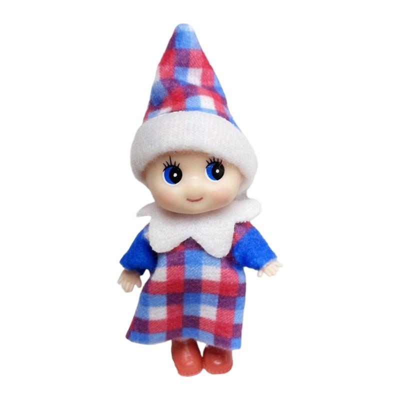 Holiday Baby Elf Miniature Doll with Plaids Accessories For Home Office Christmas Decors Festives Desktop Shelf Display