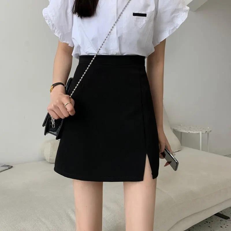 2022 Summer Women's Plus Size High Waist Black Bodycon A-Line Skirt with Slit