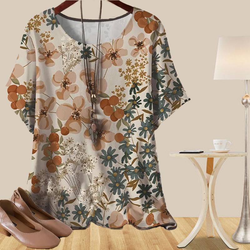 Women's Casual Loose Spring Shirt Women's Short Sleeve Graffiti Sketches Plants Printed Tops