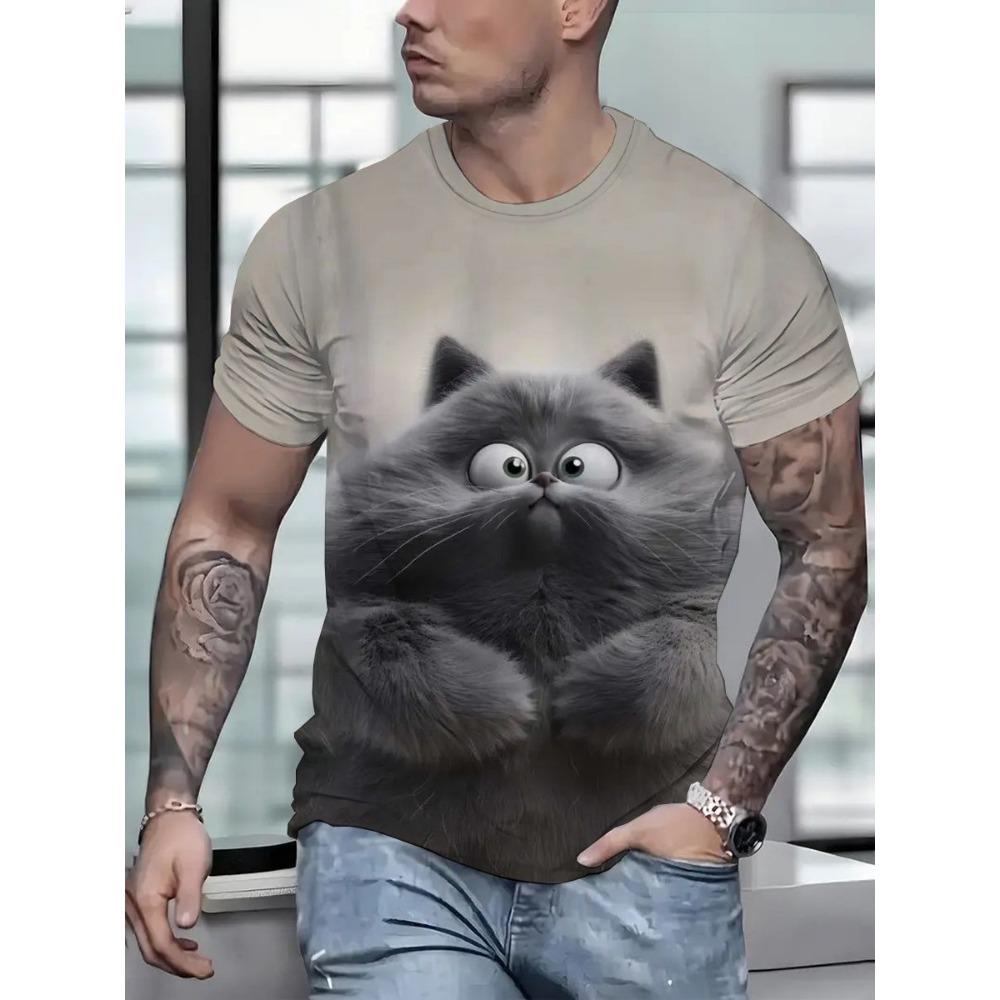 Men's Summer Casual Short Sleeved T-shirt with Realistic Cat Pattern Print