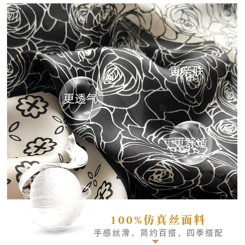 Rose Flower Print Square Scarf for Women Satin Fashion Wraps Neckerchief Female Hair Bands Headband Bandana 70X70CM