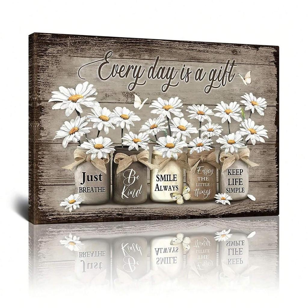 Retro Floral Wall Art: Daisy & Butterfly Canvas with Wooden Frame