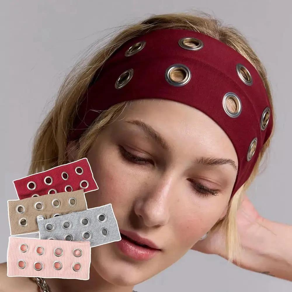 Metal Eyelets Punk Headwrap Fabric Hollowed Out Eyelets Headband Fashion Rock Head Band  Women