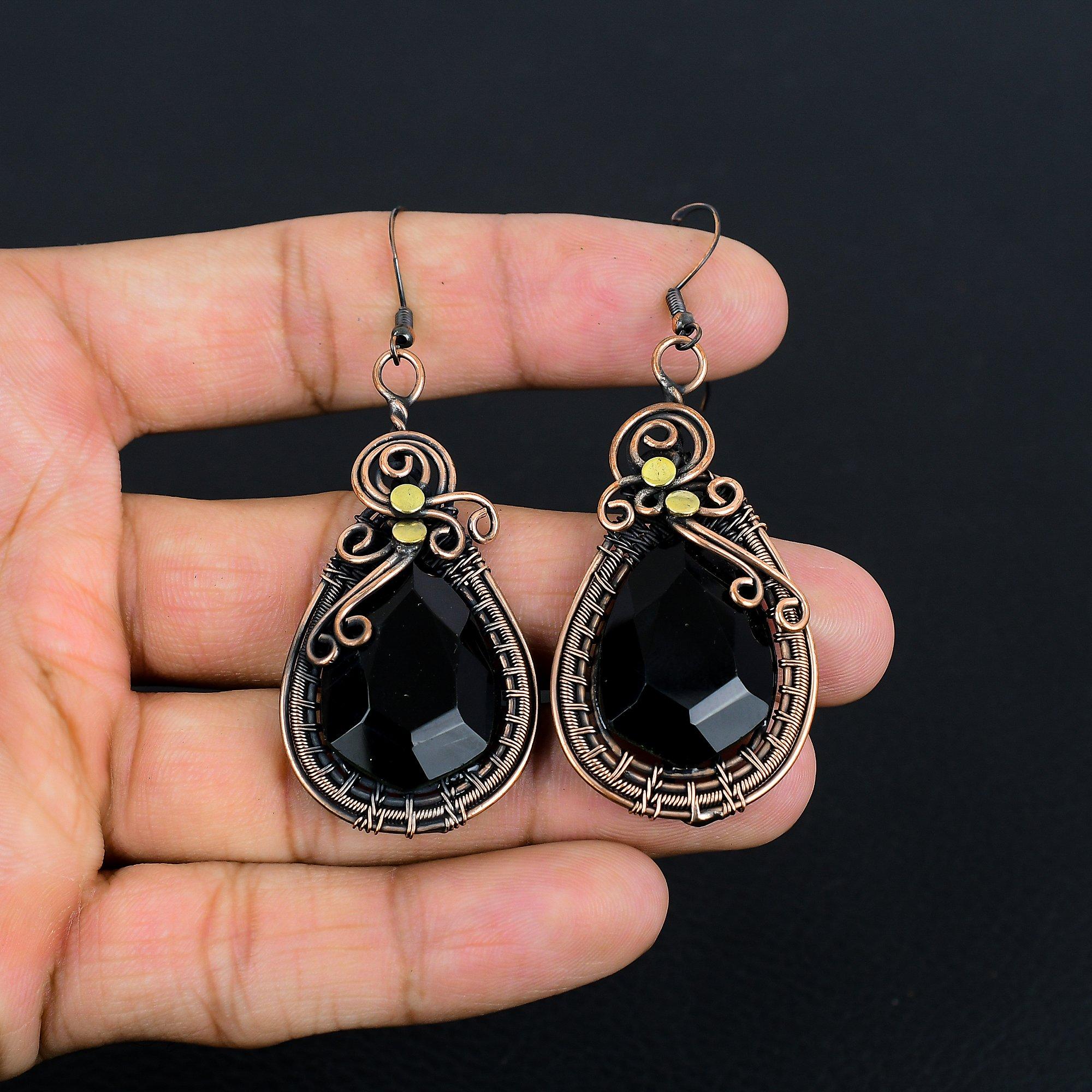 

Серьги с черной шпинелью, Серьги, обернутые медной проволокой 999 пробы, Украшения из драгоценных камней ручной работы, Подарки для жены, Совершенно новые серьги 2.86 Inches