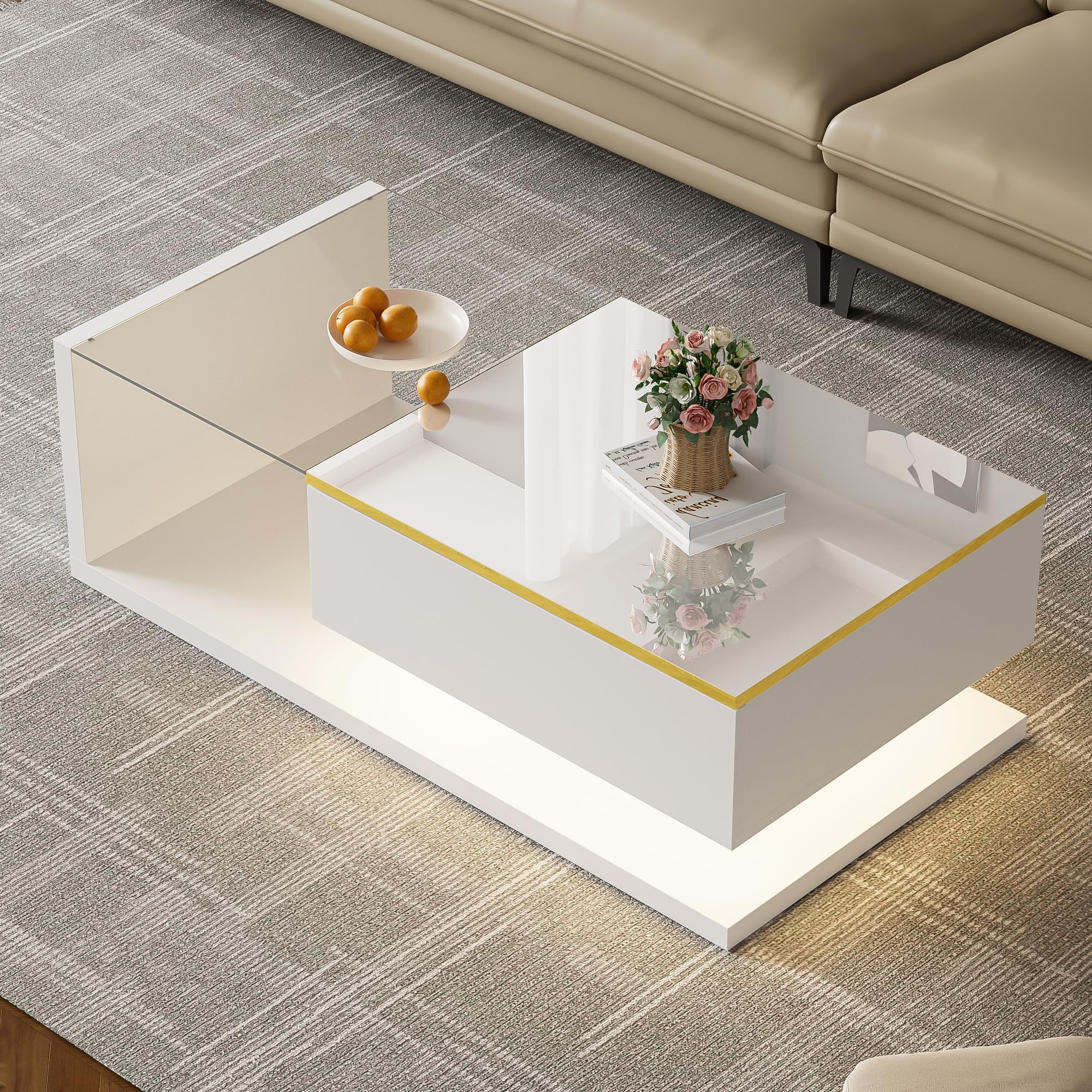 Salontafel, Bijzettafel met glas en LED-effect, praktische opbergruimte, moderne woonkamermeubels 100x50x32.5 cm wit