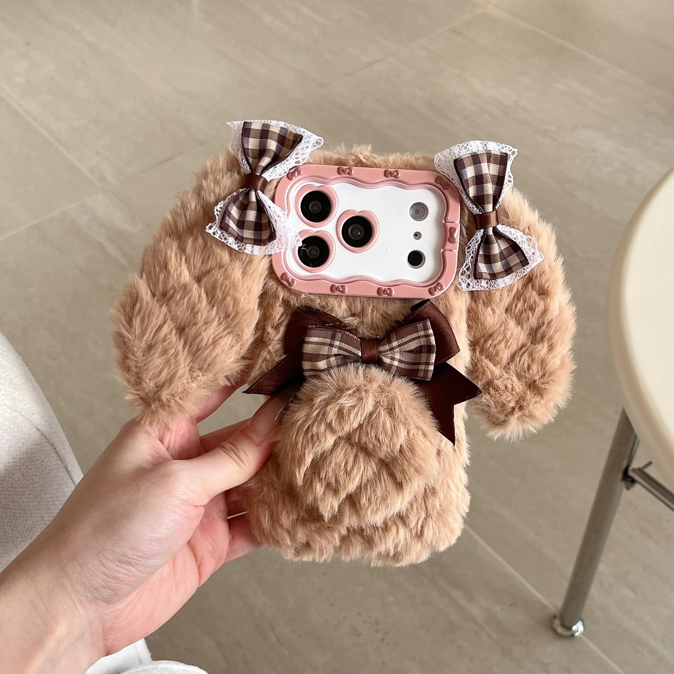 

Bunny Rabbit Plush Phone Case with Butterfly Knot Design For iPhone 17 pro Max 16pro 15plus 14 13 12 11 Protective Cover Lens Holder iPhone Air темно-коричневого
