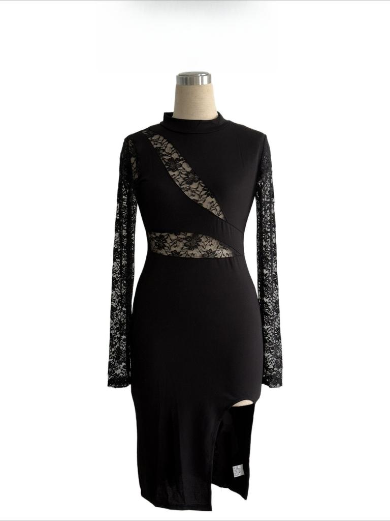 Autumn Women Solid Color Color Block Lace Slit Sexy Bodycon Dress Mature Style French Retro Patchwork Slim Sexy Elegant Women Maxi Dress