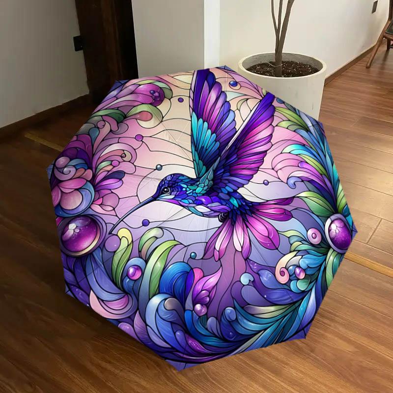 

Stained Hummingbird Design Automatic Opening Folding Umbrella with 8-Bone Iron Frame, Suitable for Fans, Travel, Daily Use, Gift for Fans an