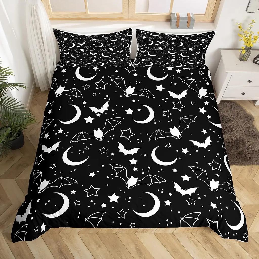 Spooky Dark Bats Duvet Cover Halloween Decoration Glitter Stars Moon Galaxy Bedding Set Cartoon Bat Gothic Comforter Cover Queen