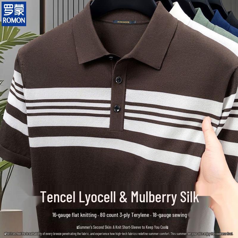 ROMON Men s Lyocell Silk Blend Striped Polo Shirt M