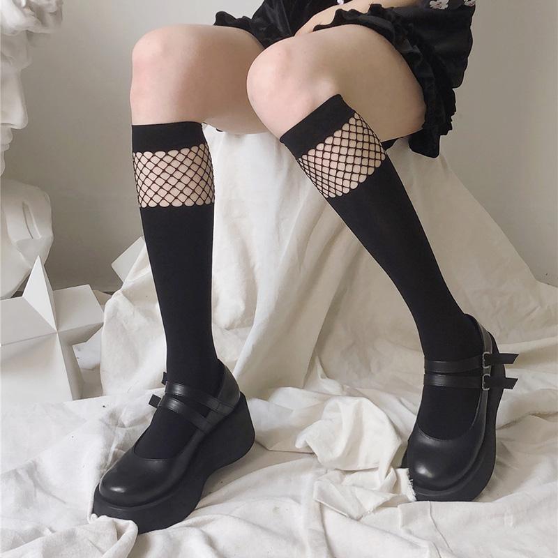 Lolita Jk Girls Long Socks Knee High Socks Patchwork Mesh High Knee Socks Lolita Black Thigh Stockings Jk Girls Calcetine Medias One Size