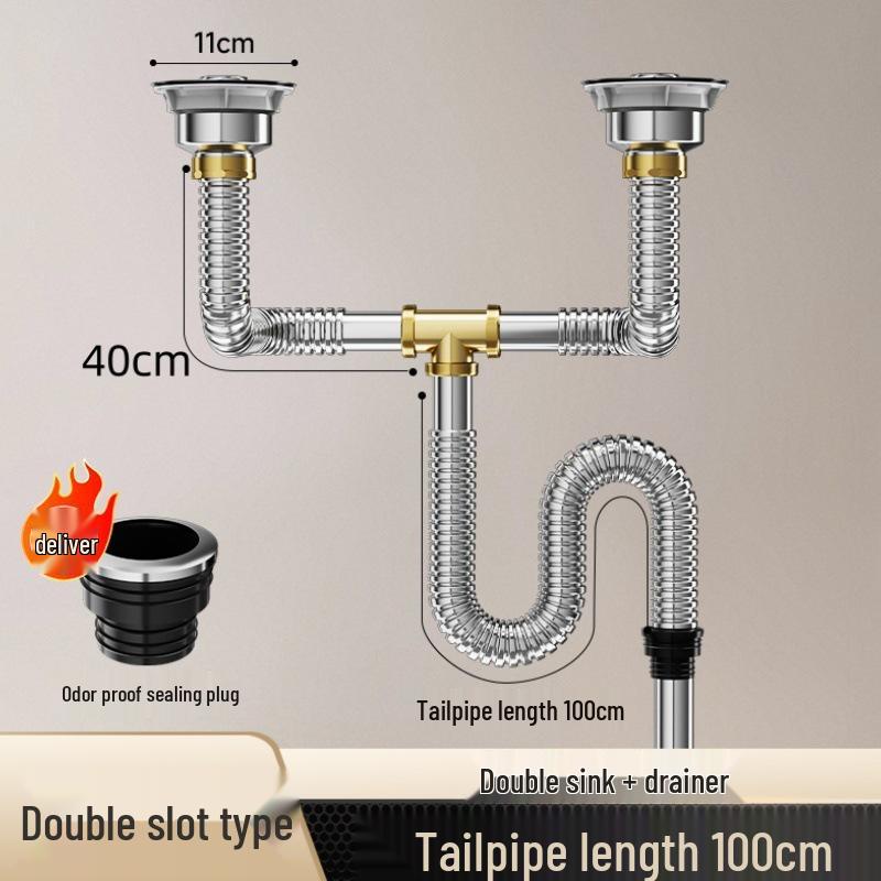 Stainless Steel Kitchen Sink Drain Pipe Set with Anti-Odor Features for Single or Double Sinks and Dishwasher Integration
