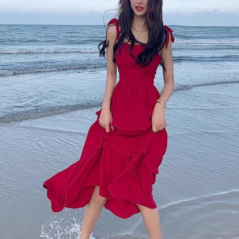 Seaside Vacation Red Suspender Dress for Women Xia Xin Super Fairy Long Dress Travel Suitable for Beach Dress